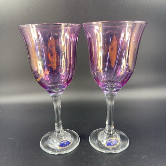 Italian Amethyst Iridescent Glass Goblet Drinking Glasses Cups Made Italy Set 2 - Picture 12 of 14